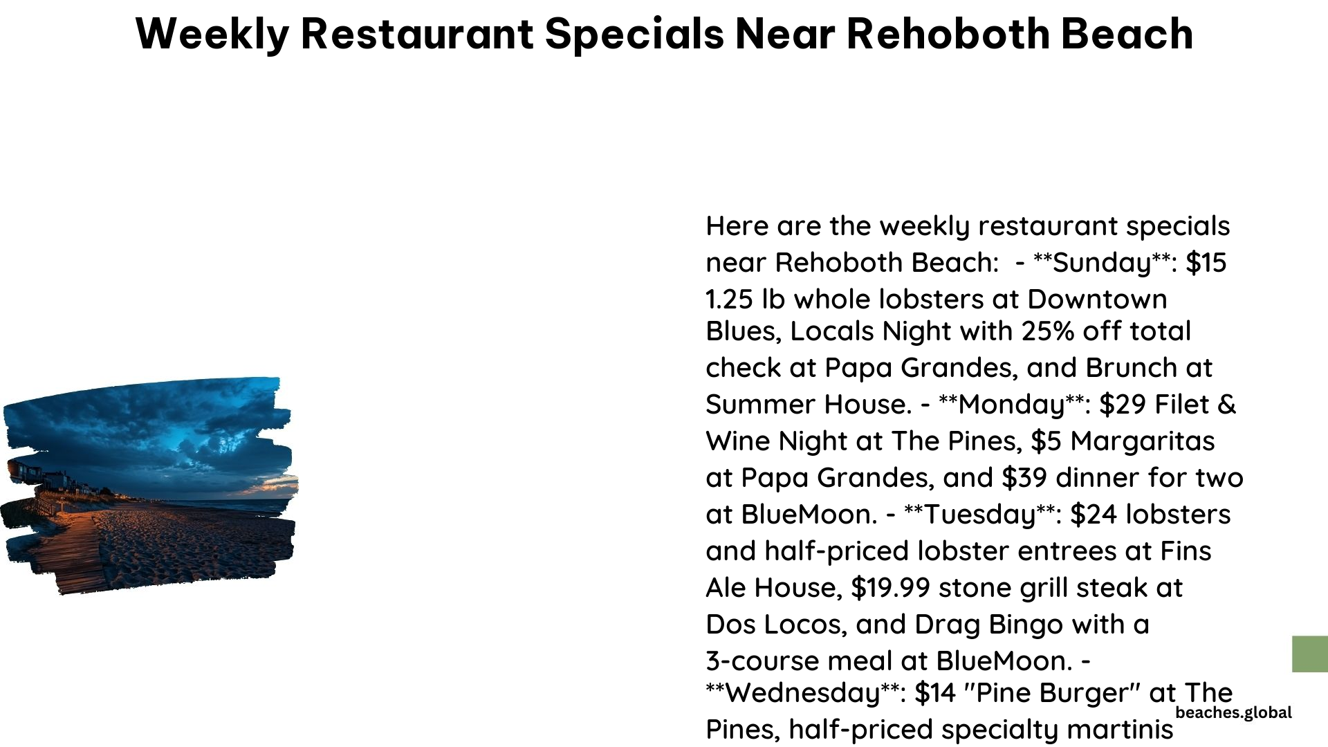 Weekly Restaurant Specials Near Rehoboth Beach